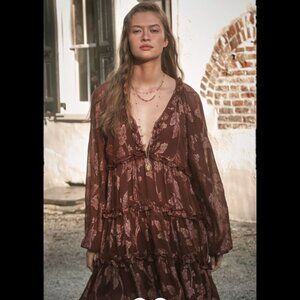 BY ANTHROPOLOGIE LONG-SLEEVE TIERED METALLIC MINI DRESS